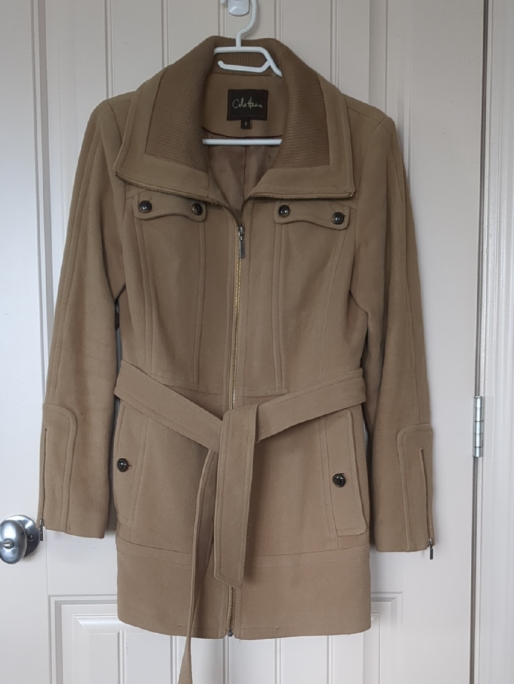 Cole Haan Camel/Tan Belted Wool-Blend Trench Coat